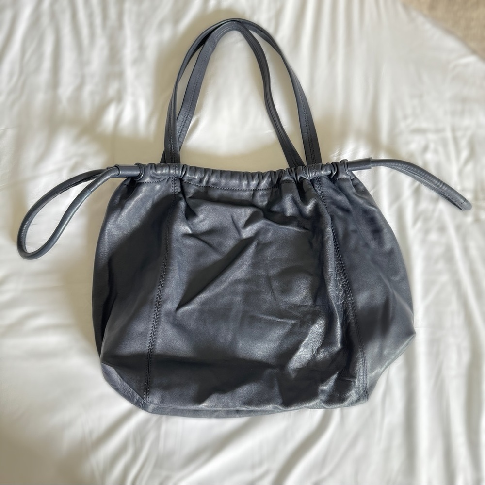 & Other Stories Leather Oversized Drawstring Tote, Navy. - Picture 10 of 12